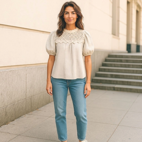 NWT Mine Womens White Plaid Lace Top Size M Blouse - Picture 2 of 4